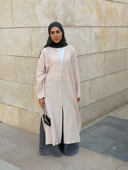 Pearl Button Long Tunic In Beige