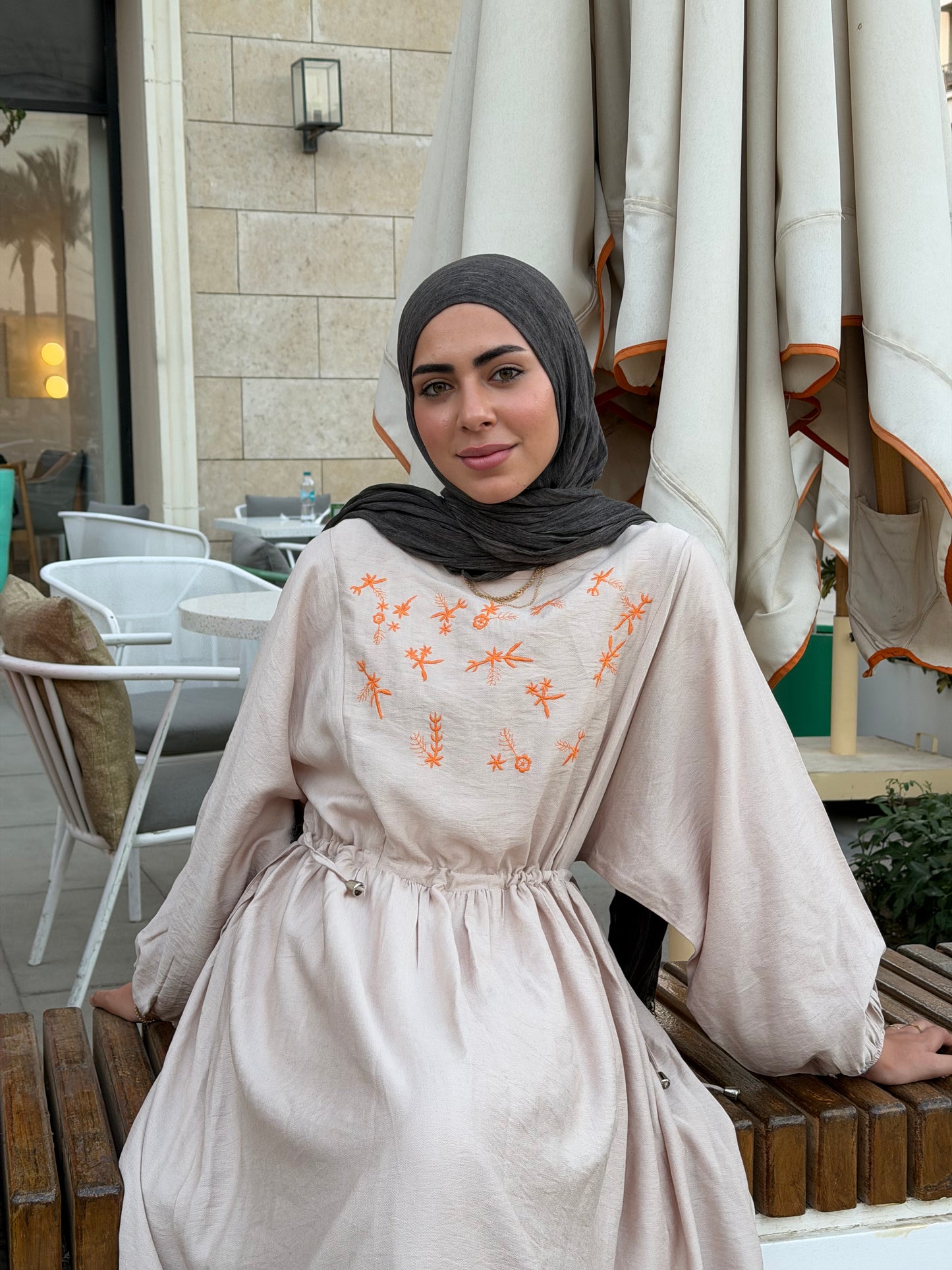 Elena Beige Embroidered  Dress