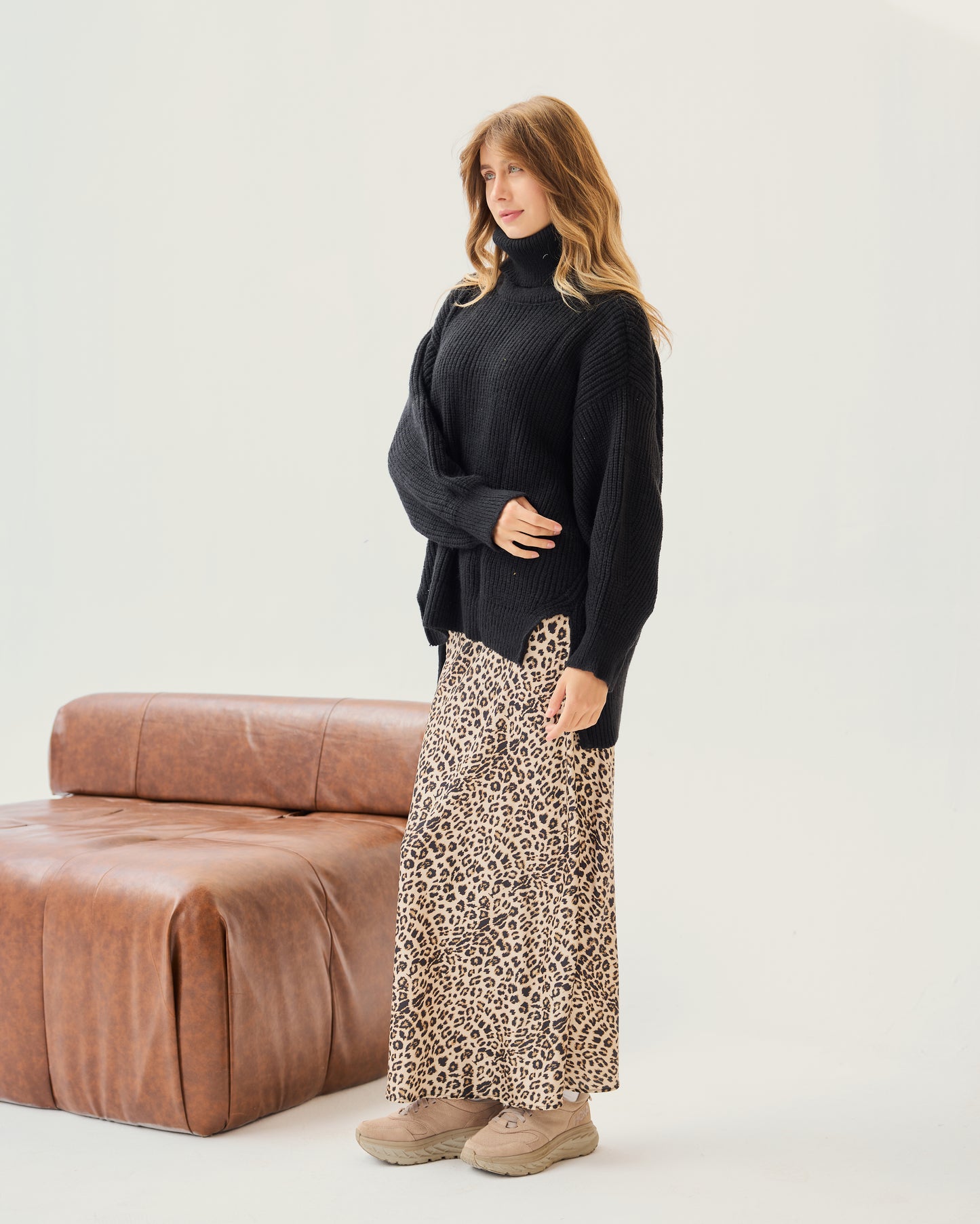 High-Low Turtle-neck Pullover In Black