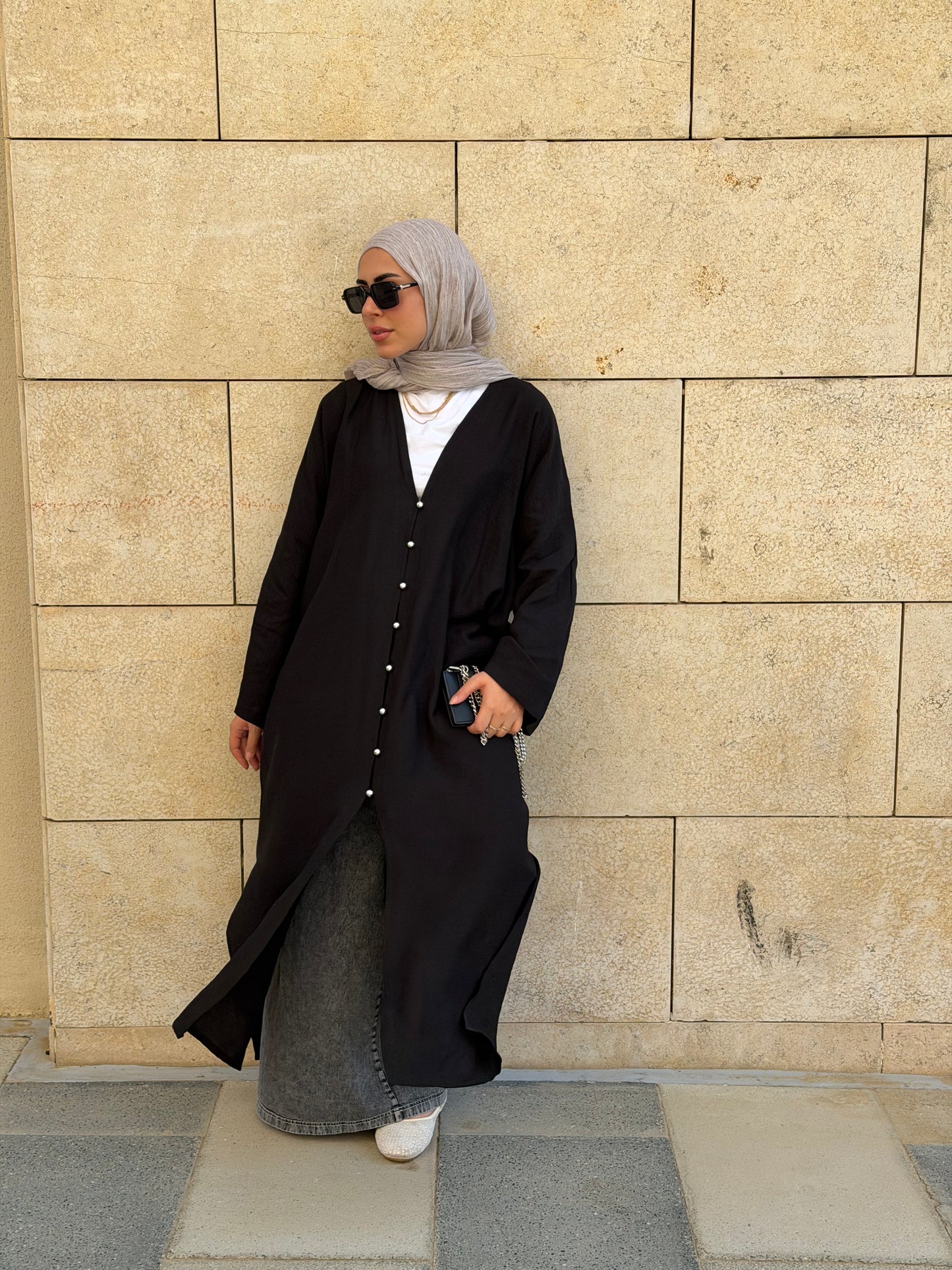 Pearl Button Long Tunic In Black