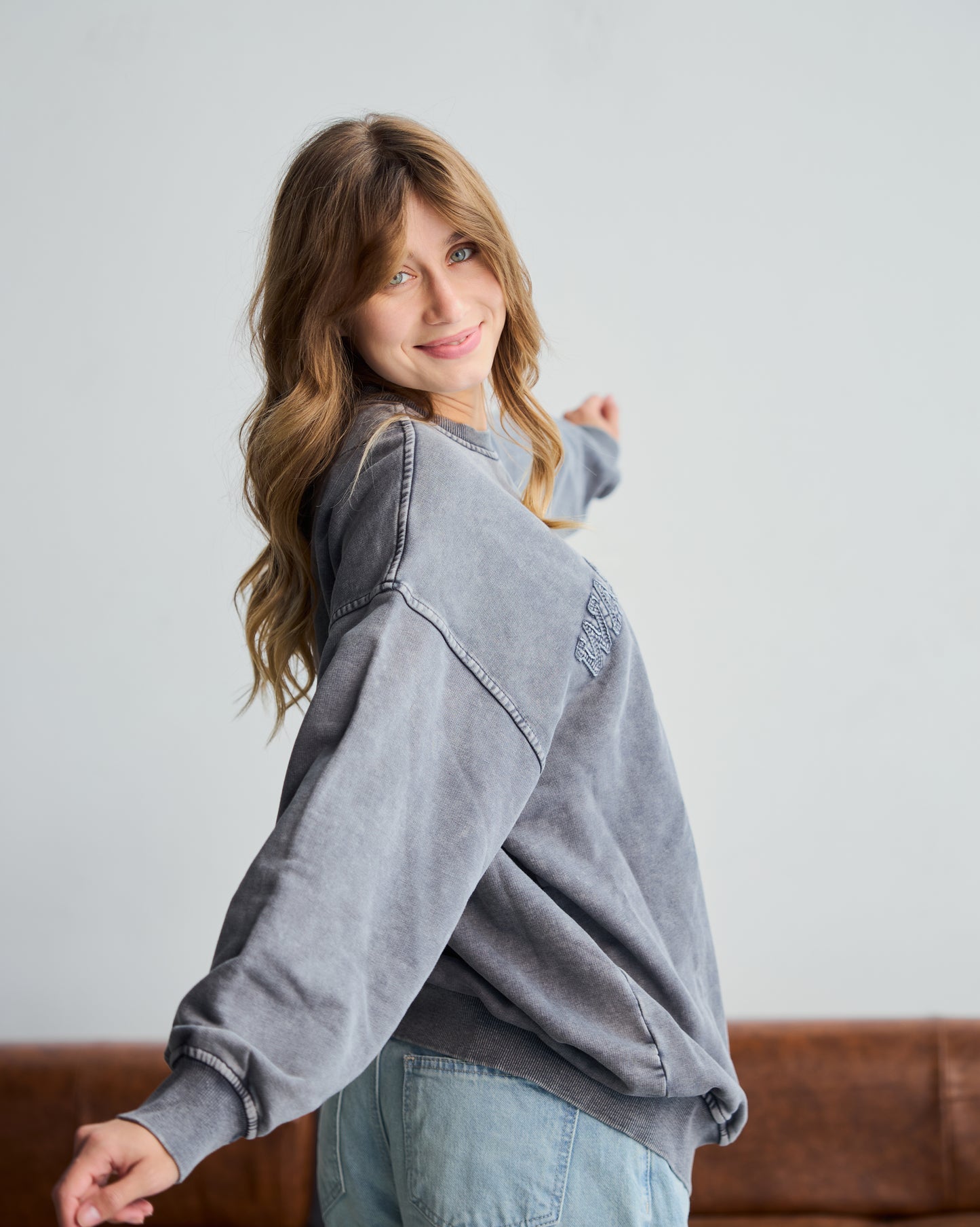 Washed Grey Oversized Crew Neck Sweatshirt