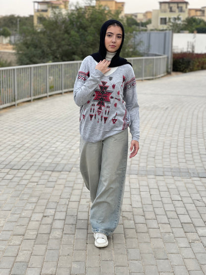 Turkish tribal geometric sweater in grey