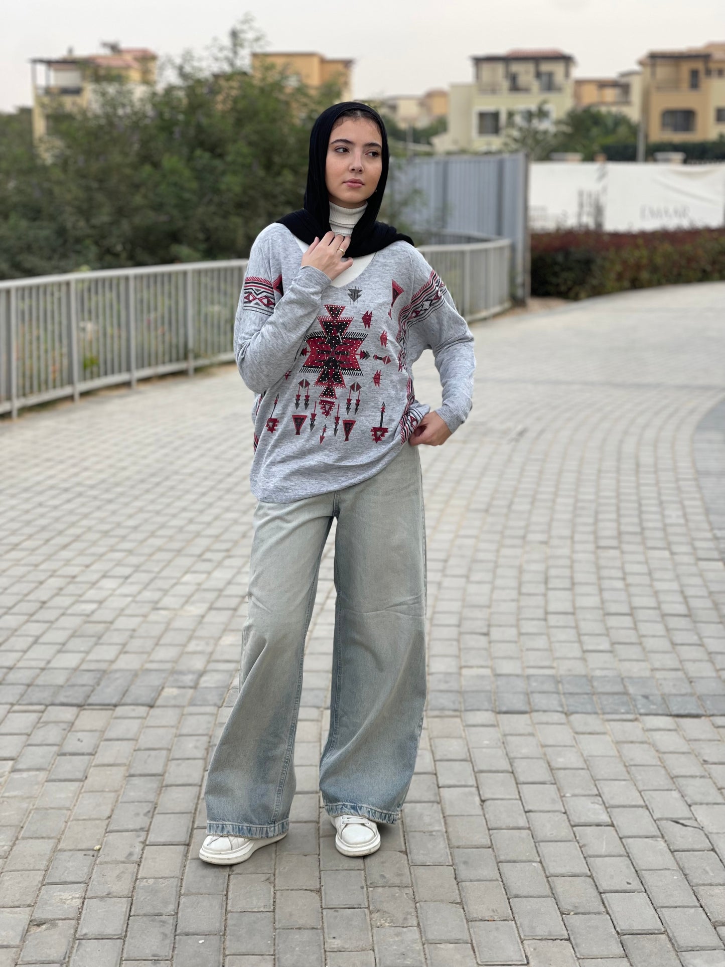 Turkish tribal geometric sweater in grey