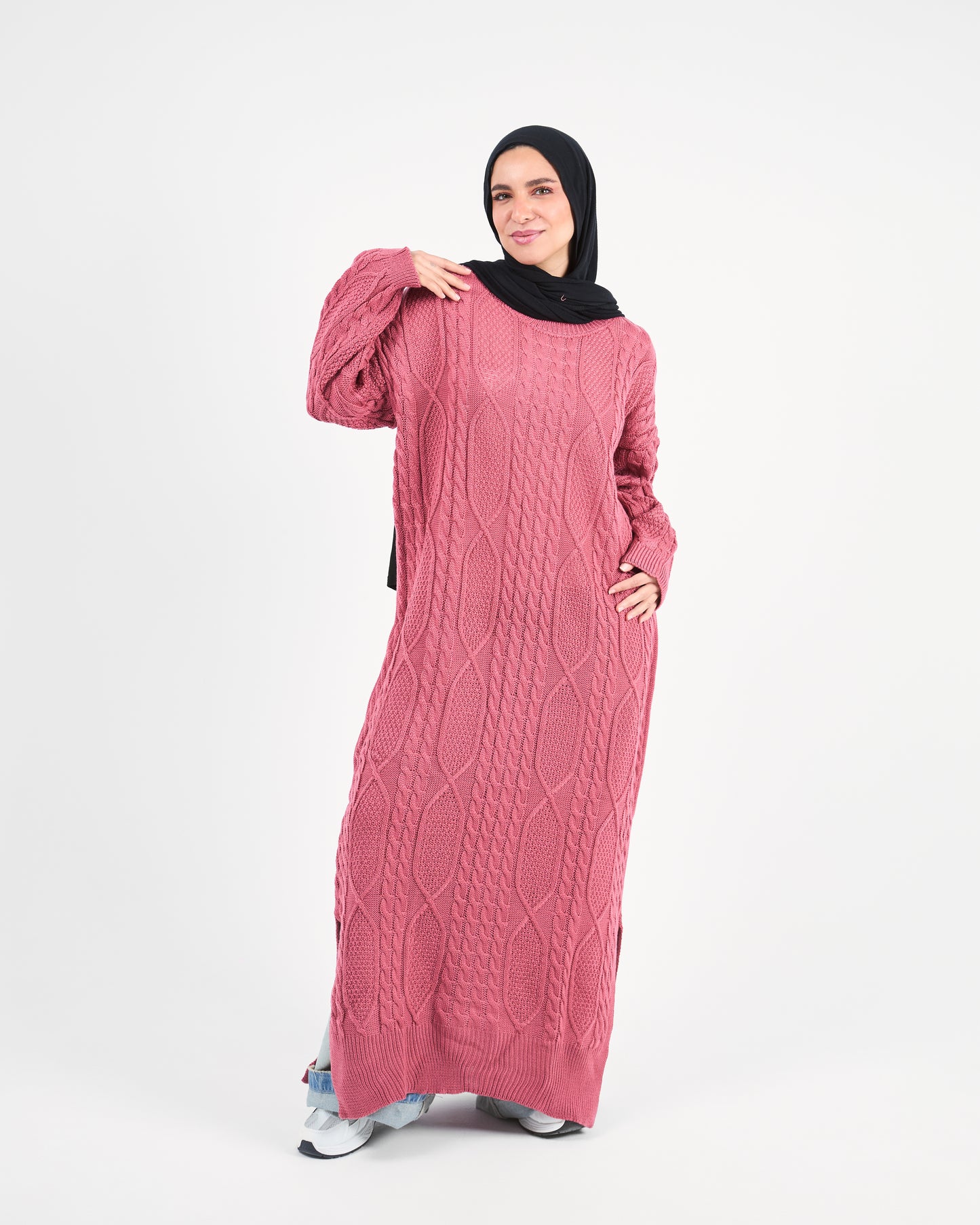 Longline  Cable-Knit Sweater Dress in Kashmir pink