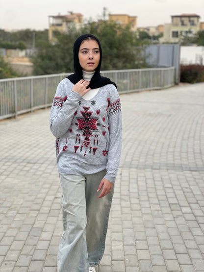 Turkish tribal geometric sweater in grey