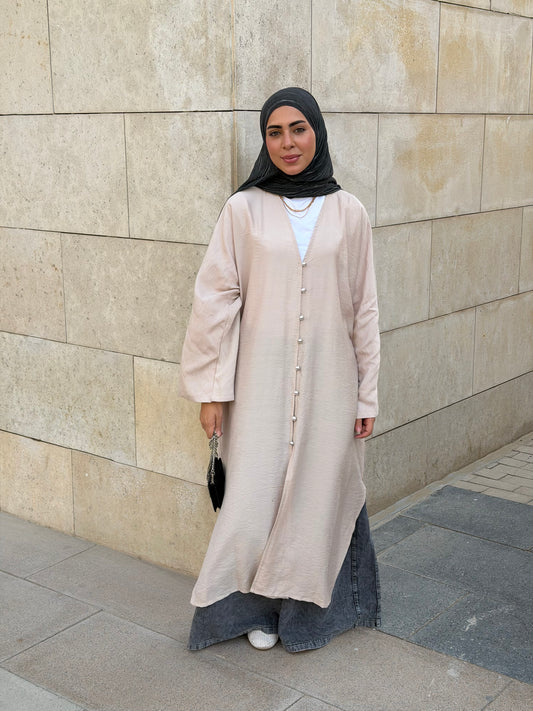 Pearl Button Long Tunic In Beige