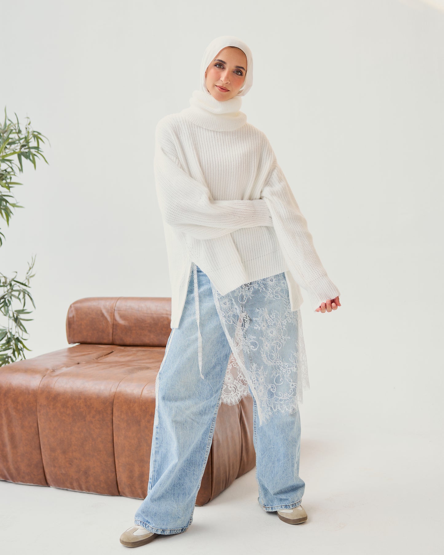 High-Low Turtle-neck Pullover In White