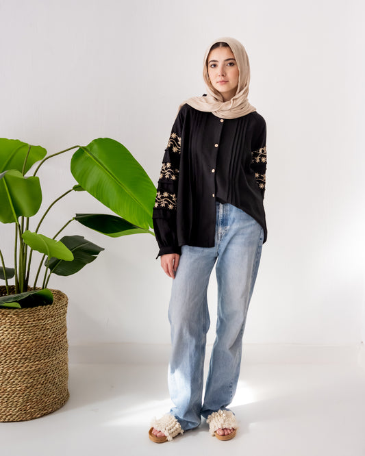 Embroidered Floral Blouse In Black