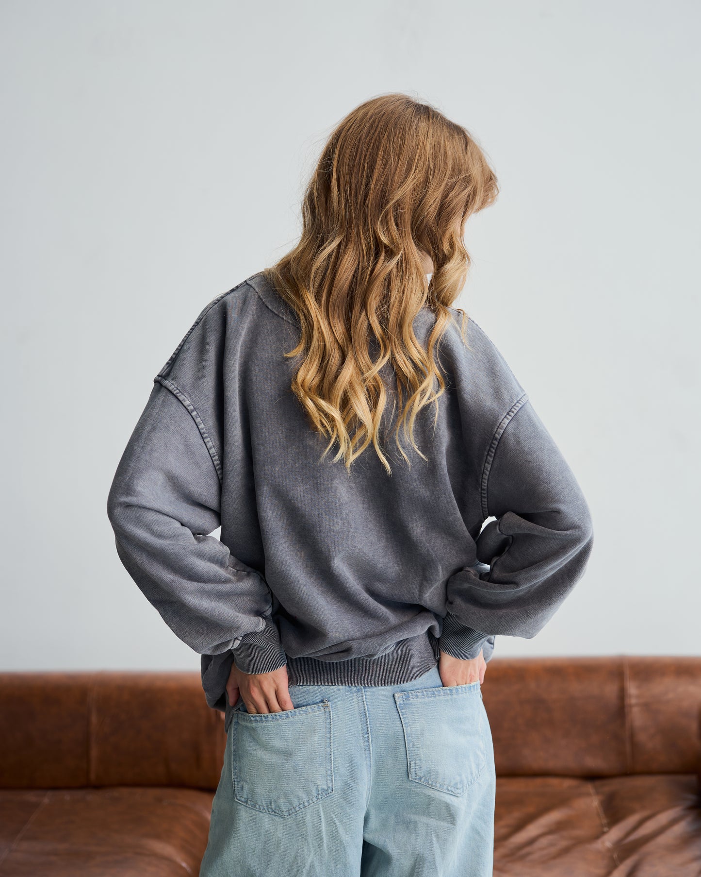 Washed Grey Oversized Crew Neck Sweatshirt