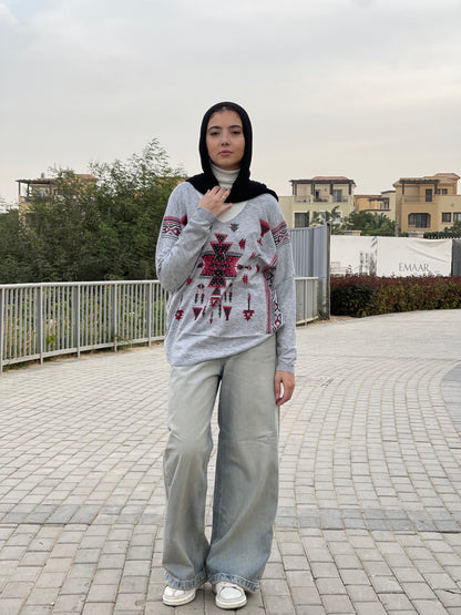 Turkish tribal geometric sweater in grey