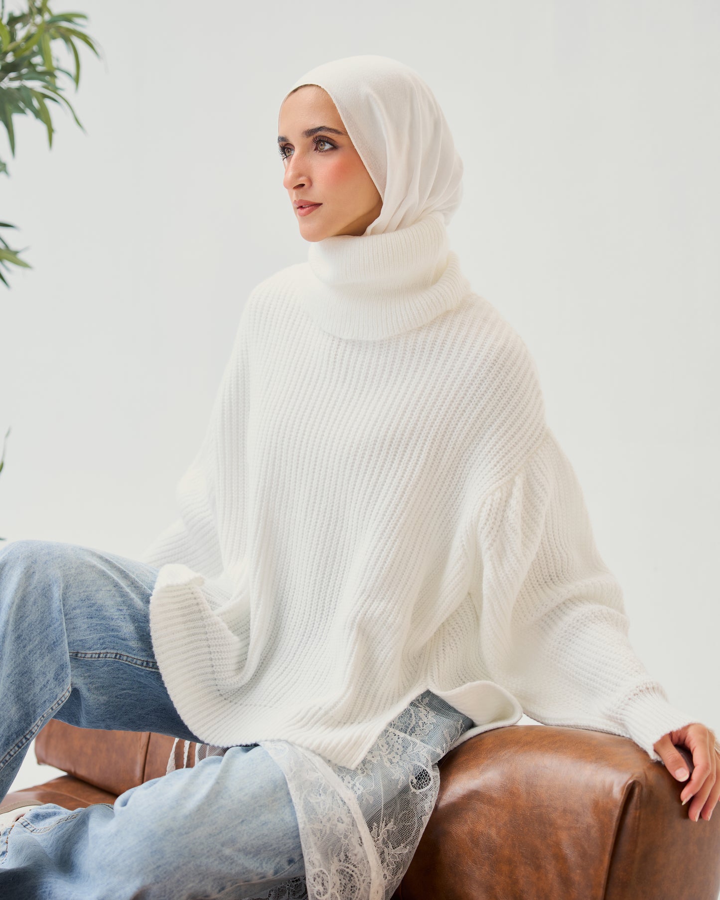 High-Low Turtle-neck Pullover In White