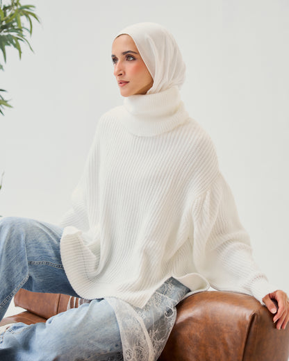 High-Low Turtle-neck Pullover In White