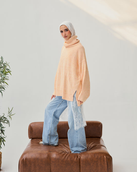 High-Low Turtle-neck Pullover in Light Salmon