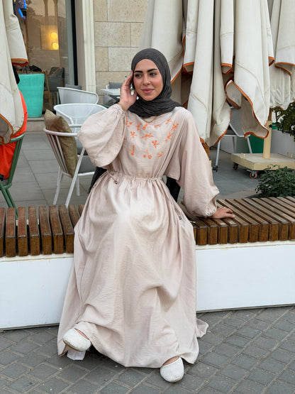 Elena Beige Embroidered  Dress