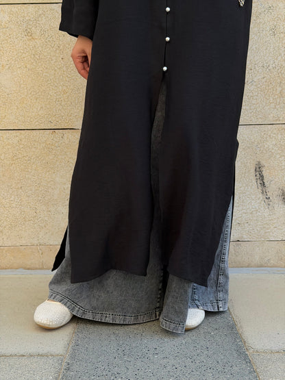 Pearl Button Long Tunic In Black