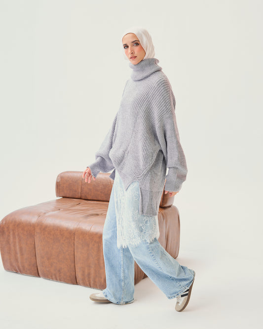 High-Low Turtle-neck Pullover In Lilac