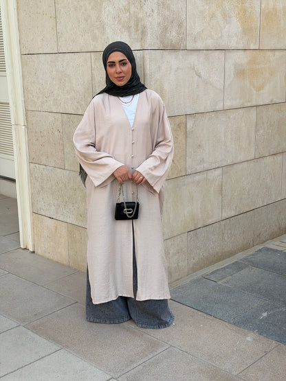 Pearl Button Long Tunic In Beige