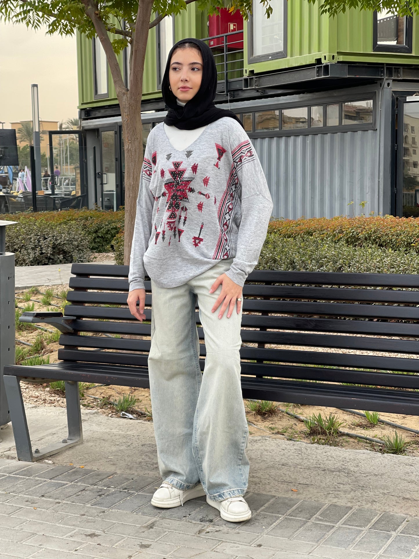 Turkish tribal geometric sweater in grey