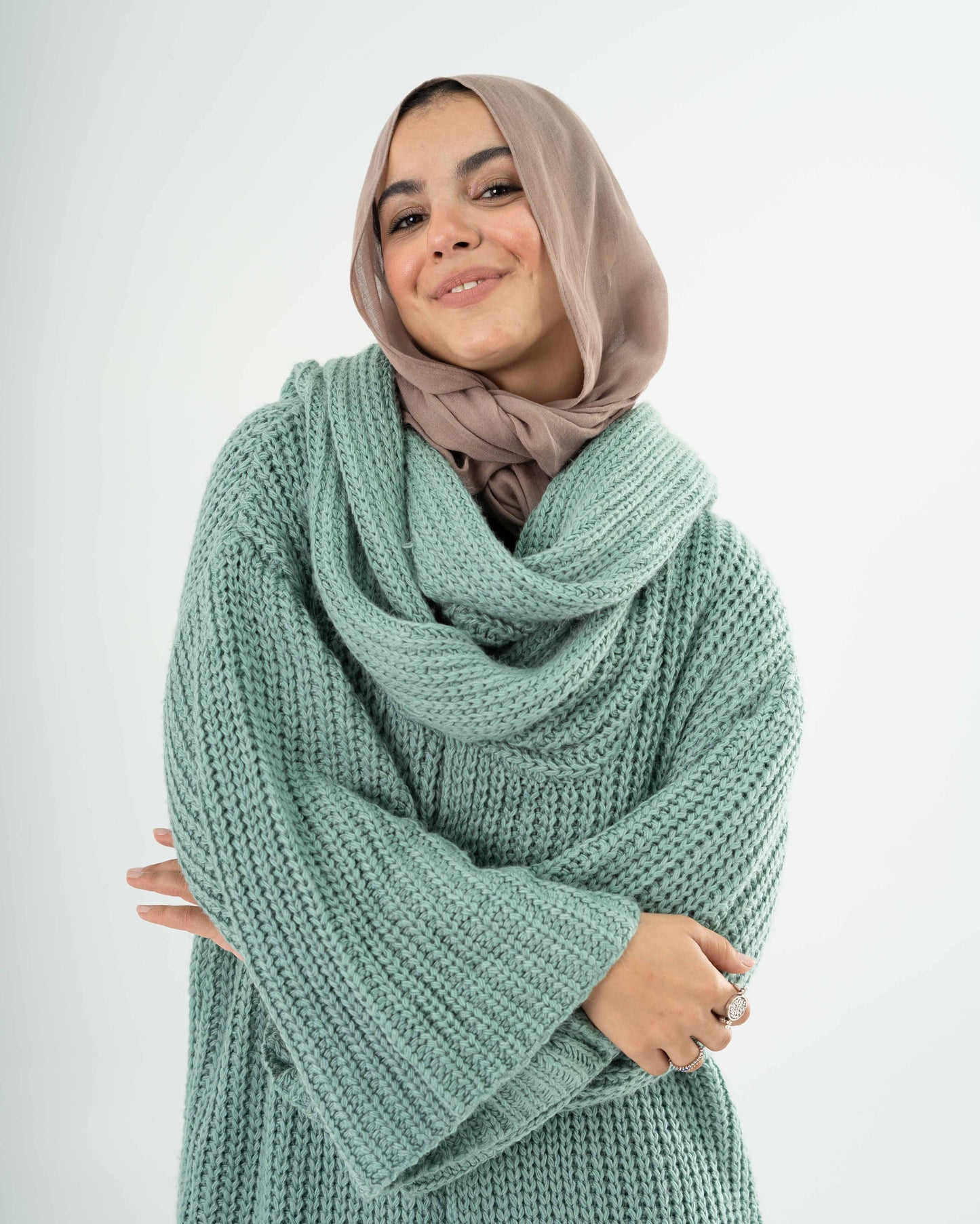 Knitted Cardigan with attached scarf in Mint