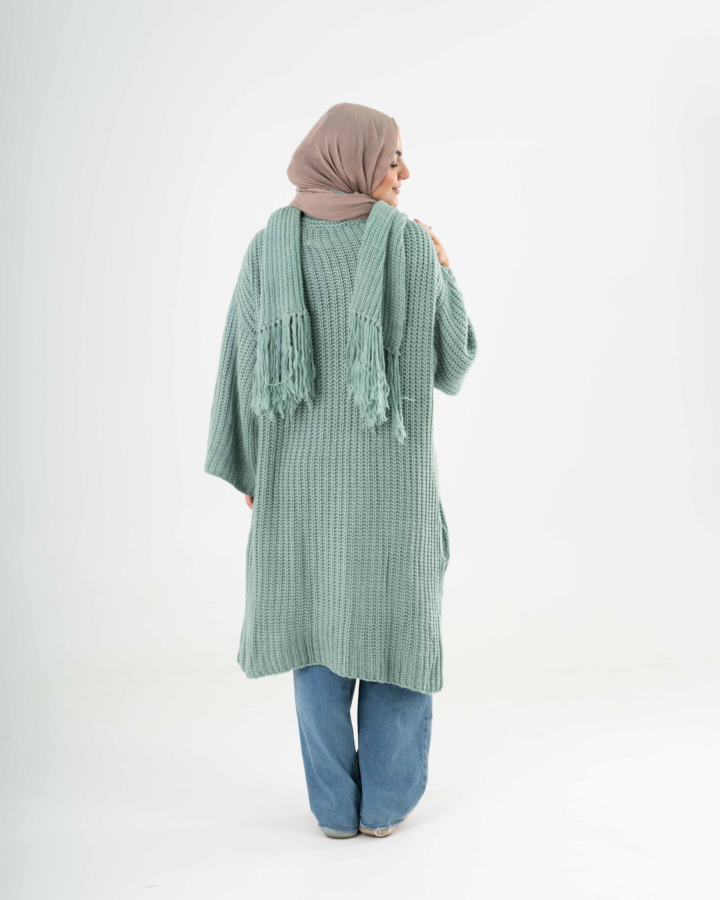 Knitted Cardigan with attached scarf in Mint