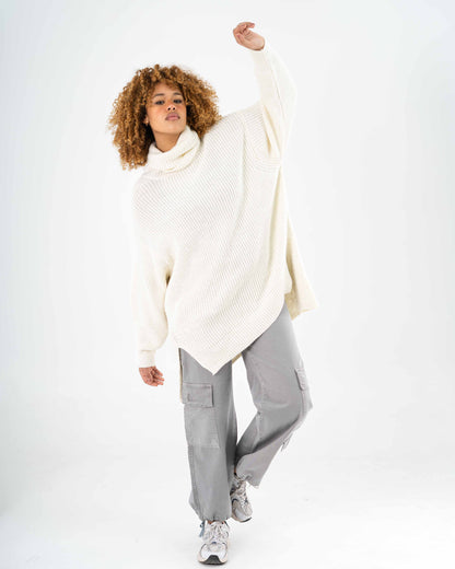 High-Low Turtle-neck Pullover In Offwhite