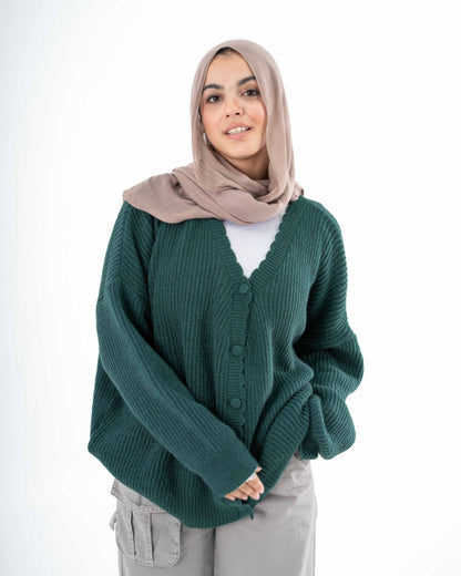 Oversized Button-Up Cardigan In Green