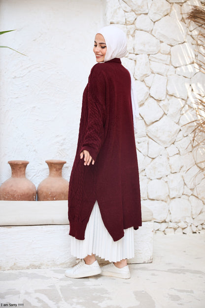 Midi Cable-Knit Dress in Burgundy