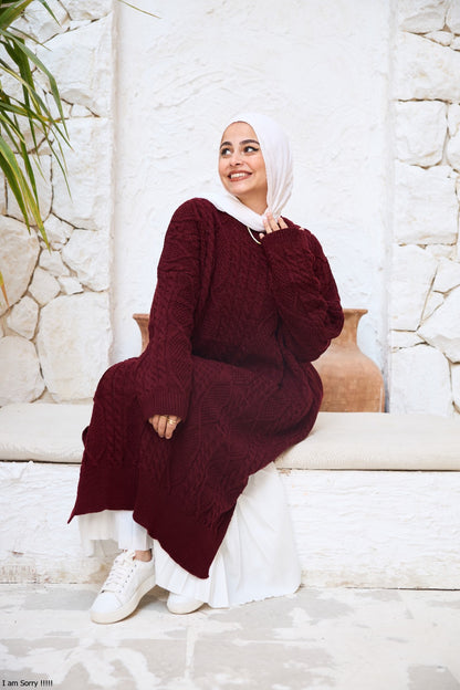 Midi Cable-Knit Dress in Burgundy