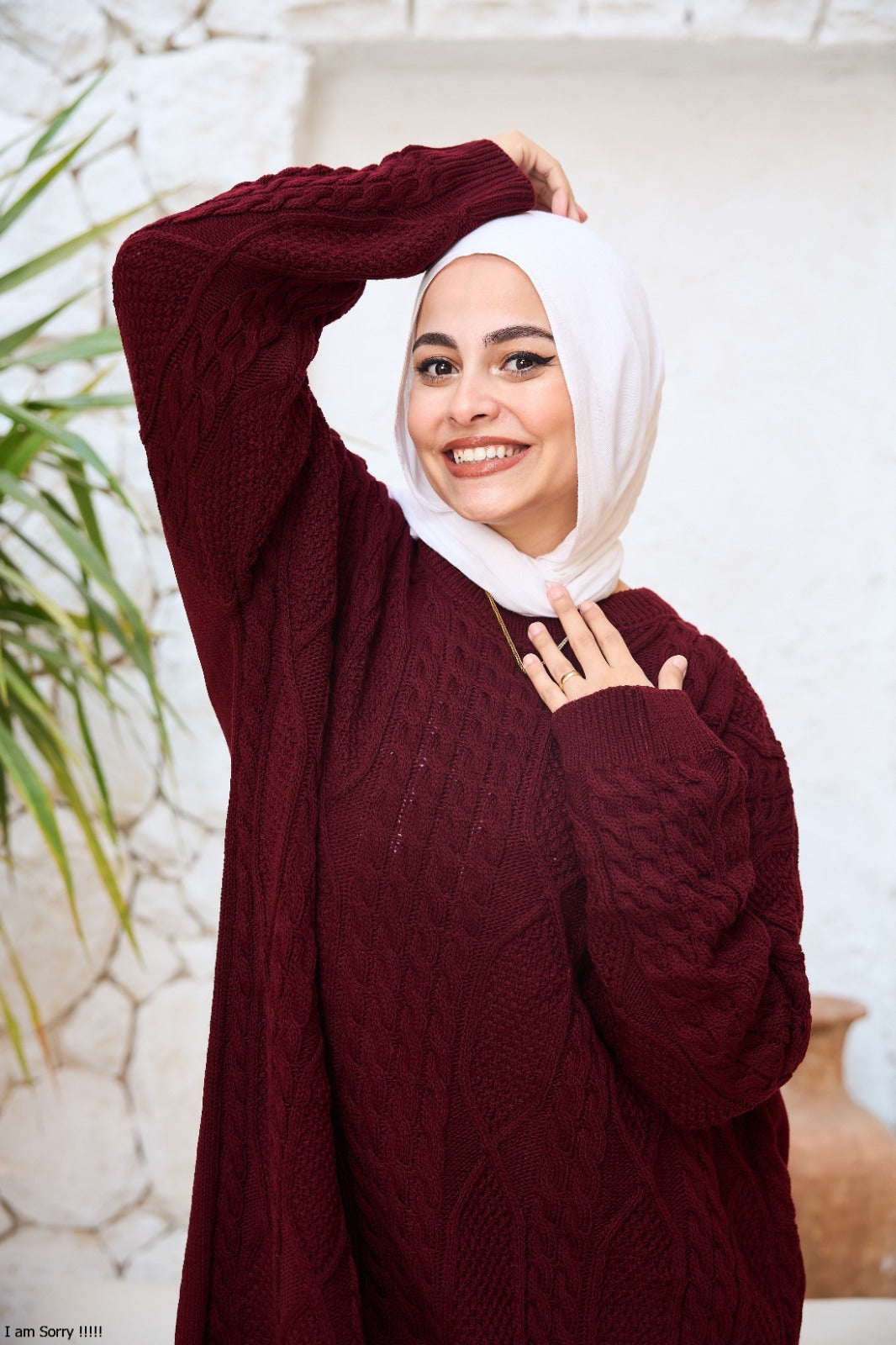 Midi Cable-Knit Dress in Burgundy