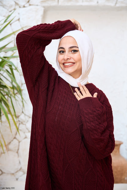 Midi Cable-Knit Dress in Burgundy