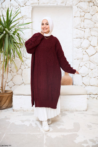 Midi Cable-Knit Dress in Burgundy