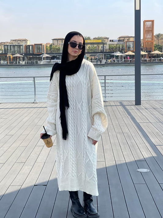 Midi Cable-Knit Dress in Off-white