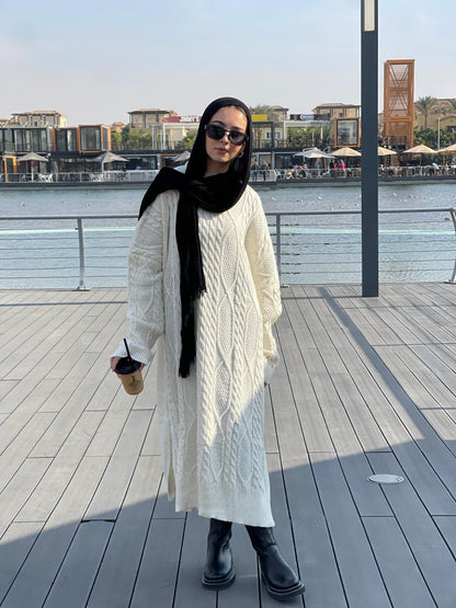 Midi Cable-Knit Dress in Off-white