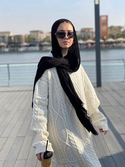 Midi Cable-Knit Dress in Off-white