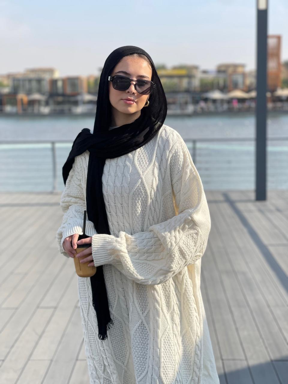 Midi Cable-Knit Dress in Off-white