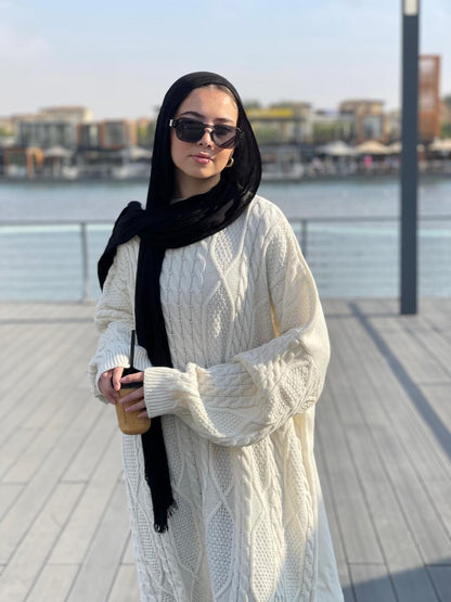 Midi Cable-Knit Dress in Off-white