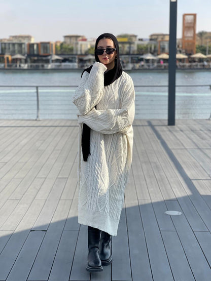 Midi Cable-Knit Dress in Off-white