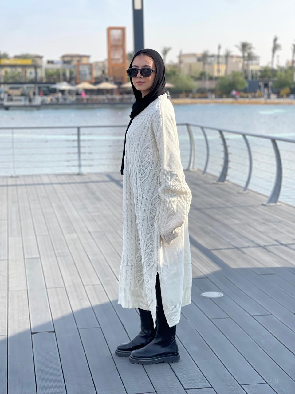 Midi Cable-Knit Dress in Off-white