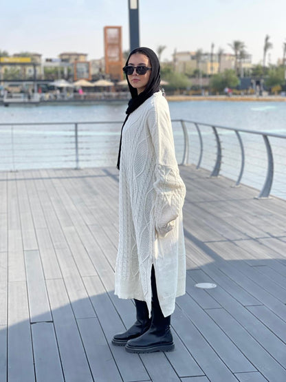 Midi Cable-Knit Dress in Off-white