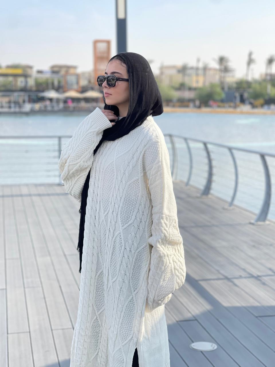 Midi Cable-Knit Dress in Off-white