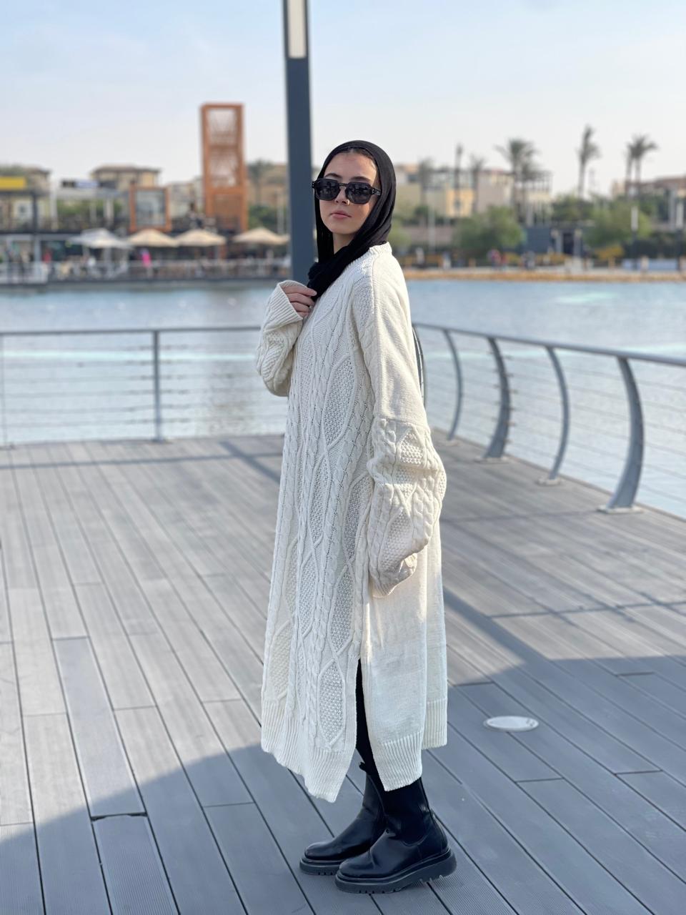 Midi Cable-Knit Dress in Off-white