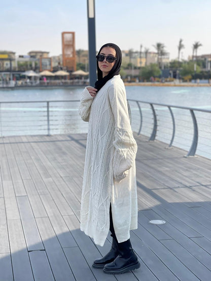 Midi Cable-Knit Dress in Off-white