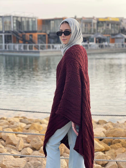 Cable-knitted Cape in Burgundy