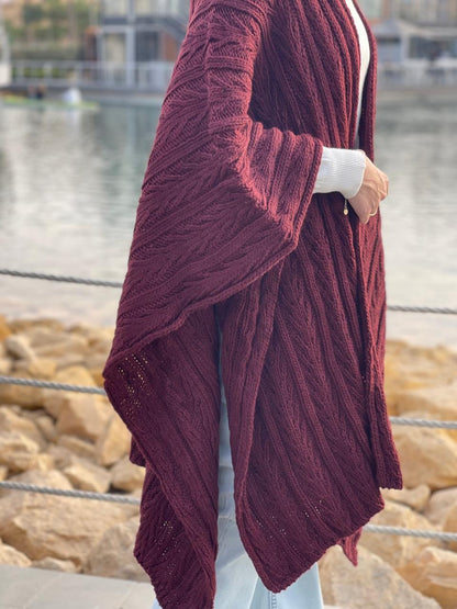 Cable-knitted Cape in Burgundy
