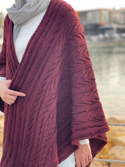 Cable-knitted Cape in Burgundy