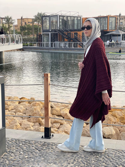 Cable-knitted Cape in Burgundy