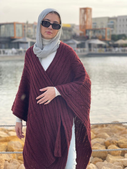 Cable-knitted Cape in Burgundy