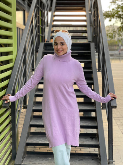 High-neck Longline Pullover in Lavender