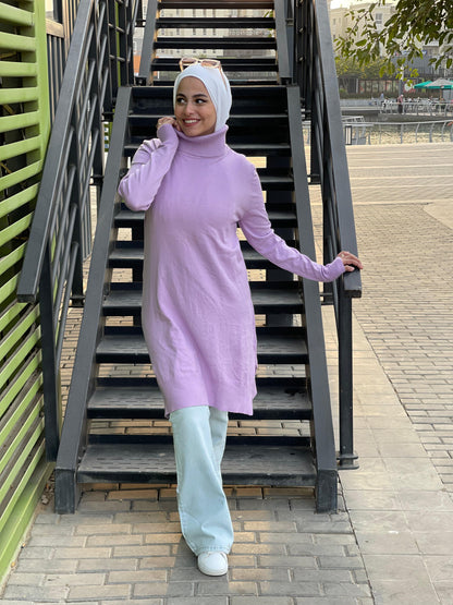 High-neck Longline Pullover in Lavender