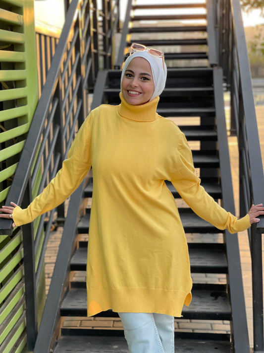 High-neck Longline Pullover in Yellow.